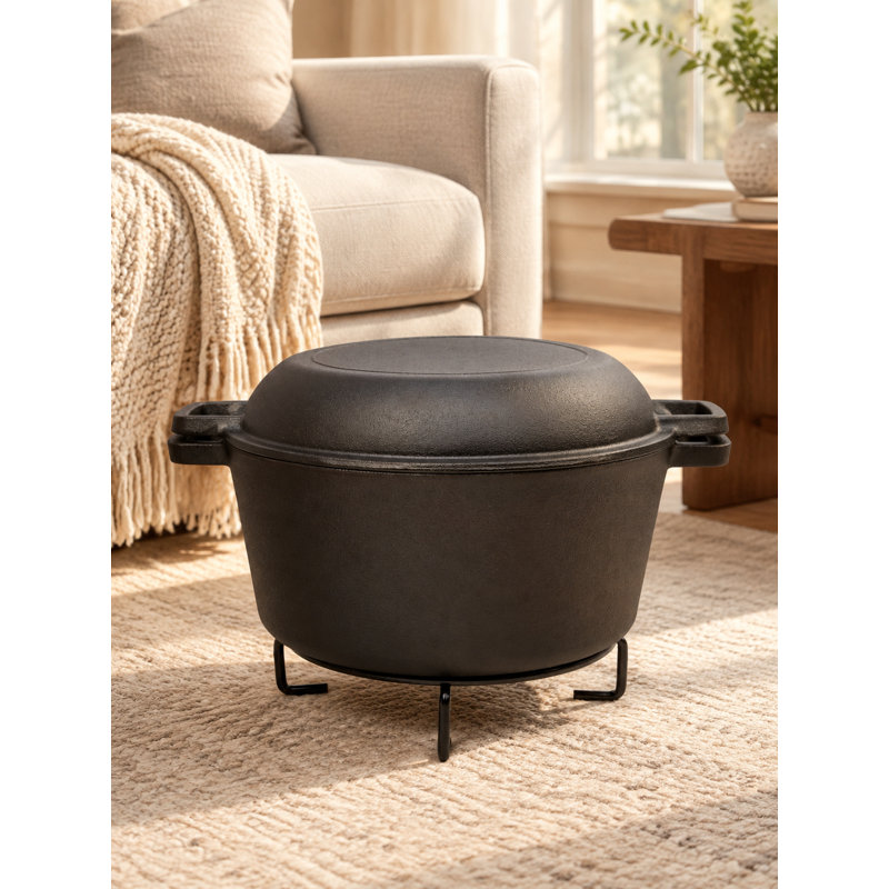 Cocotte en fonte pré-assaisonnée 2 en 1 avec deux poignées, fond de camping extérieur