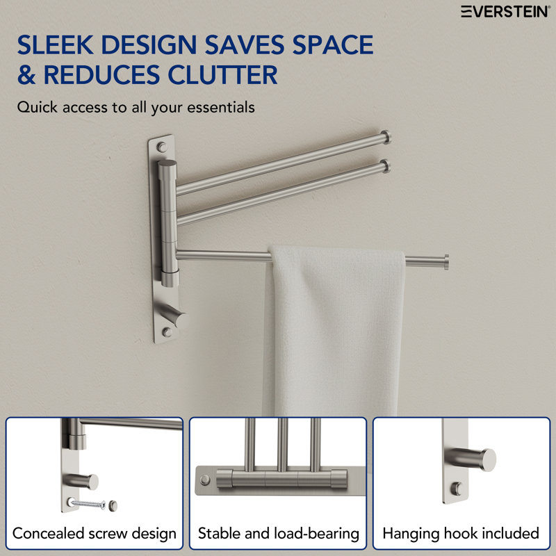 Wall-Mount Swivel Towel Bar With Hooks, Brushed Nickel