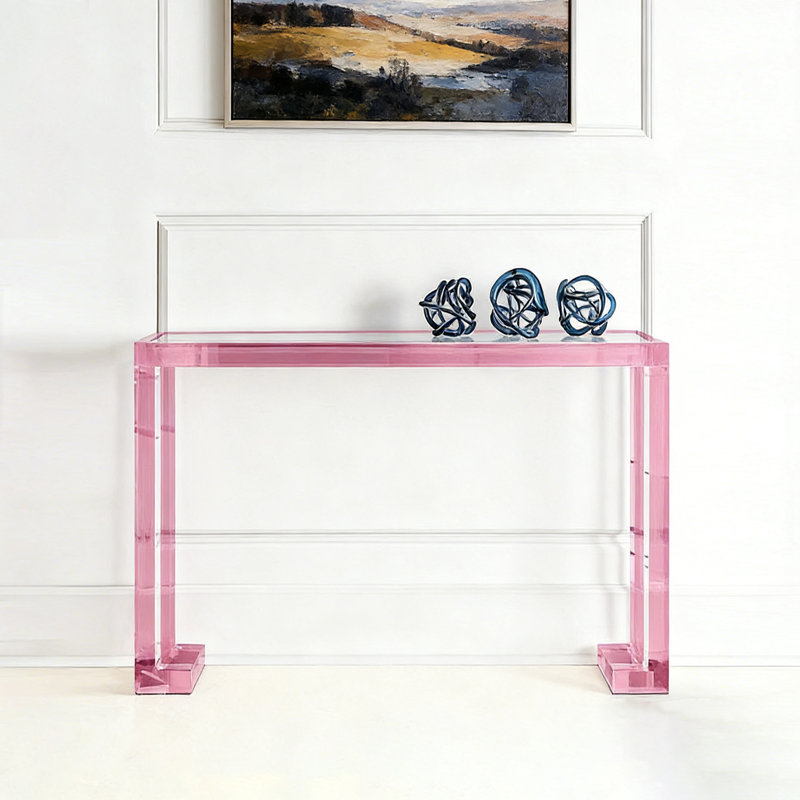 Clear Glass Top Acrylic Console Table, 31.5" H x 47.24" W x 11.81" D, Pink