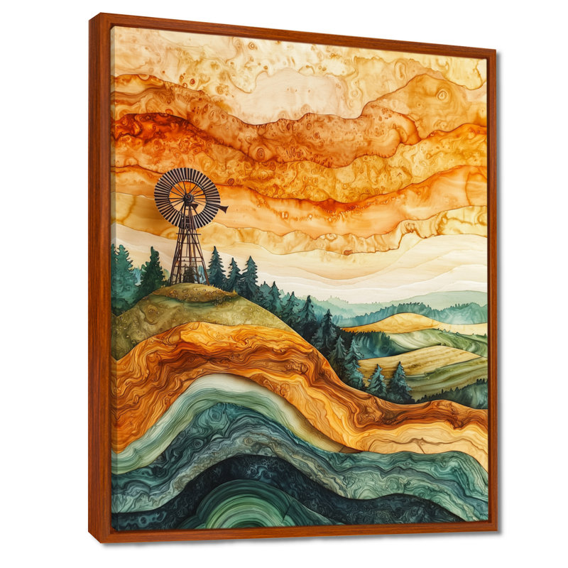 Windmills Into A Summer Field Landscape I - Windmills, art mural, Brun, Impression encadrée sans passe-partout