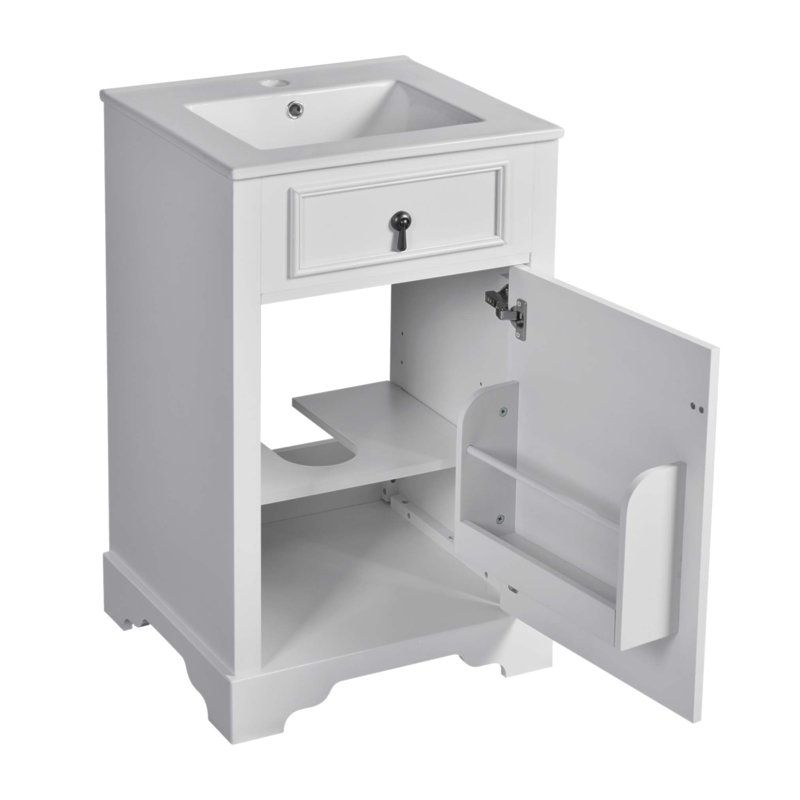 Meuble-lavabo de 20 pouces avec lavabo en céramique, porte à fermeture douce, tablette réglable et support de rangement fixé à la porte - idéal pour les petites salles de bain