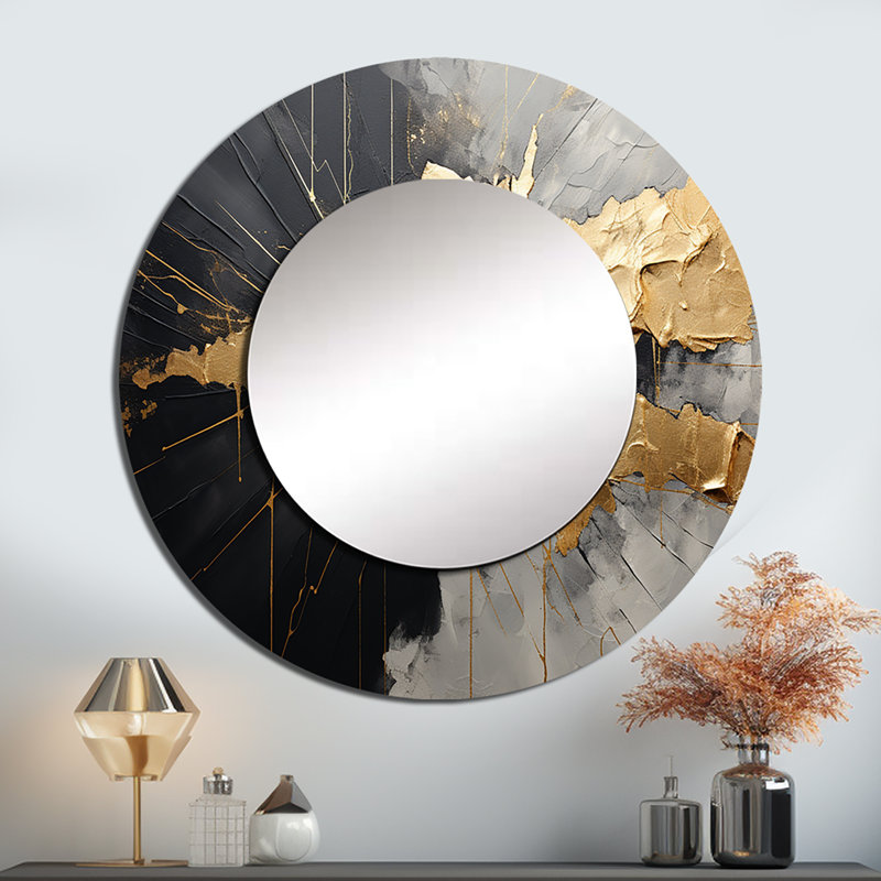 Noir et or abstrait méditation I - peinture abstraite murale miroir, miroir décoratif rond moderne, impression d'art en métal