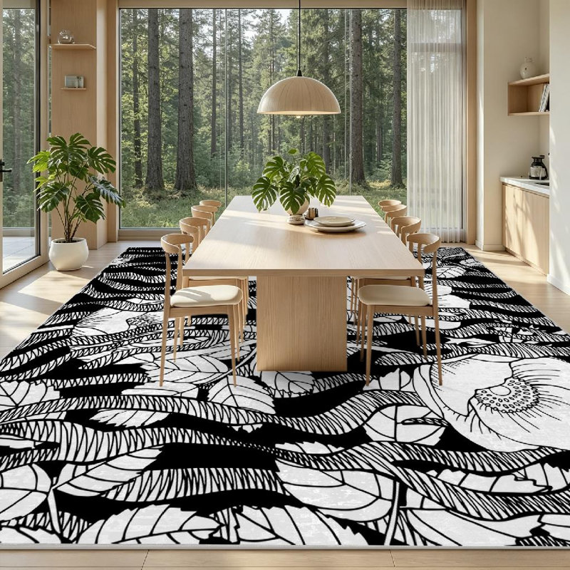 Tapis noir lavable à la machine avec rayures zébrées et tapis d'intérieur, Rectangle 79 po x 118 po