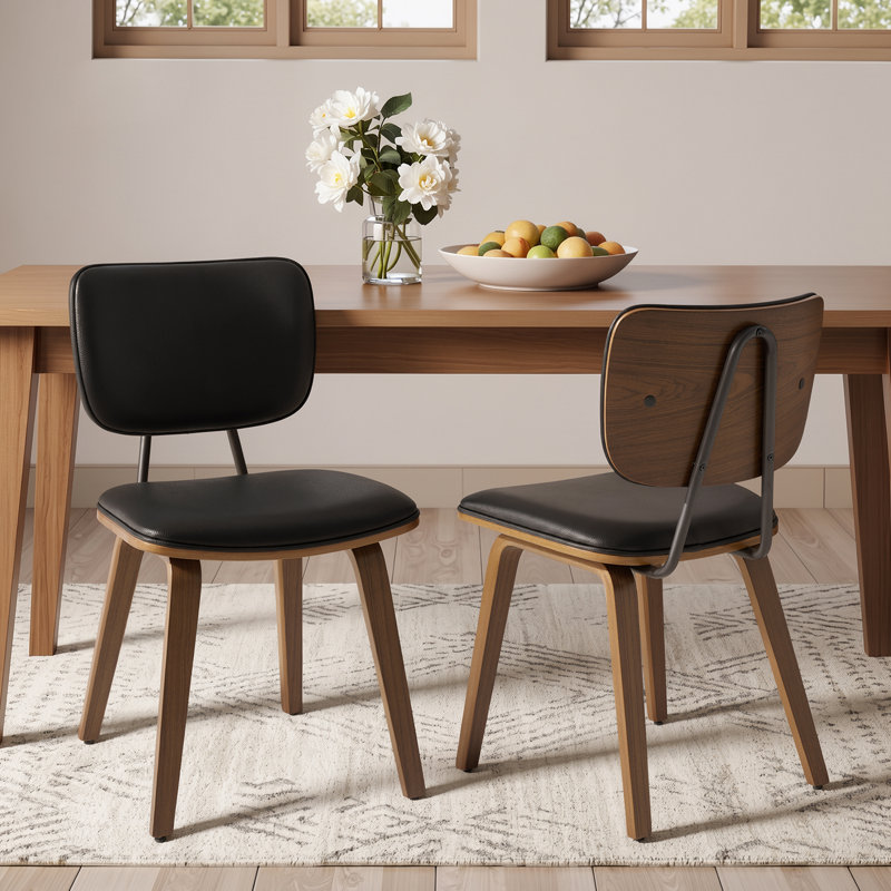 18.9" H Mid-Century Modern Dining Chair with Padded Seat Cushion & Curved Backrest, Upholstered Side Chair Set of 2, 2, Black