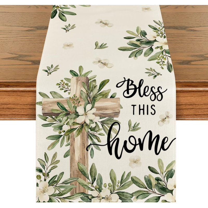 Table Runner - Green - 13X72 Inch Cross Olive Leaves Runner For Spring/Summer Home, Kitchen, And Party Table Décor