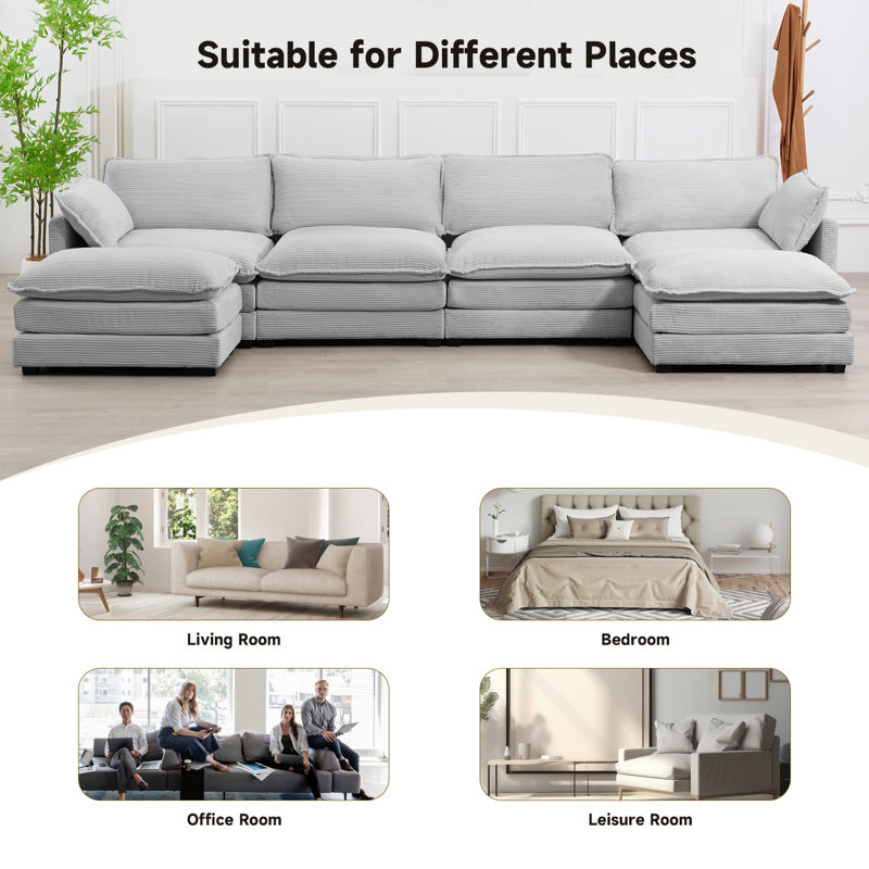 Redenius 6-Piece 148'' Upholstered U-Shape Sectional, Gray Corduroy