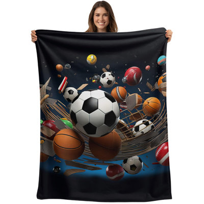 Sports Theme Soccer Rugby Basketball Throw Blanket Flannel Fleece Throws, Ball Sport Pattern Lightweight Super Soft Warm Blankets for Couch Sofa Bed All Season Use, 50 x 60 in