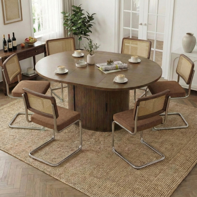 Ensemble de table de salle à manger extensible ronde avec 6 chaises en porte-à-faux, Brun