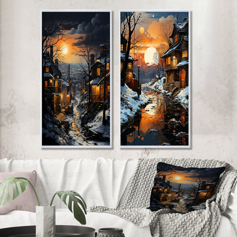 Paysage industriel, ensemble de 2 toiles d'art topaze Twilight, Cadre blanc, H 32 po x l 33 po