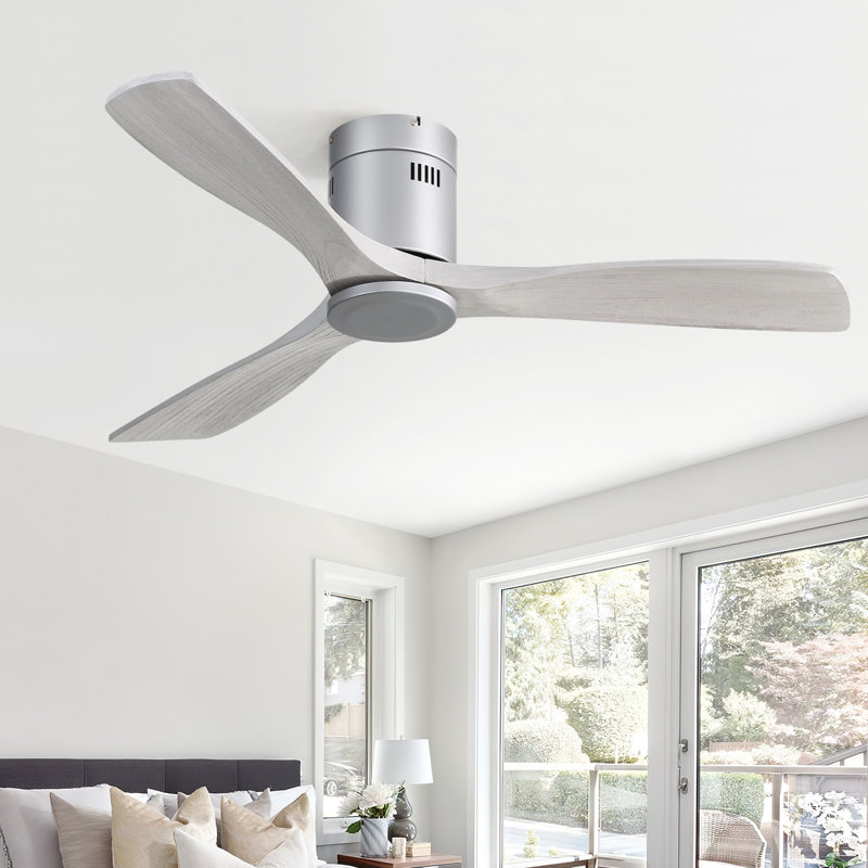 Sofucor Rachel 52'' 3-Solid Wood Blade Flush Mount Classic Ceiling Fan no Lights, Silver with Gray Blades