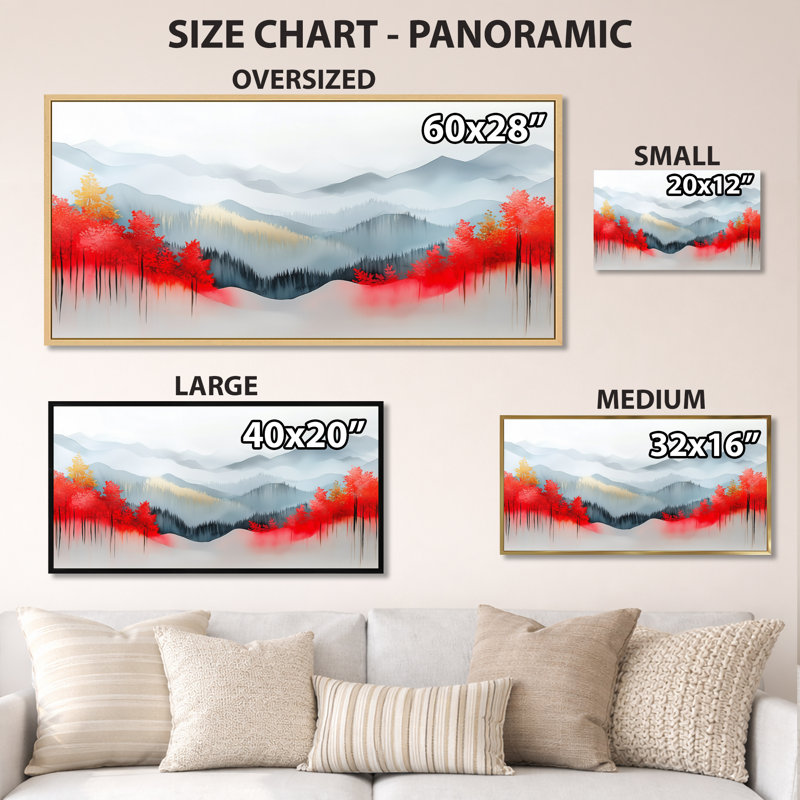 «Red White Autumn Mon monochrome Drift Hills III», impressions sur toile rustiques, art mural encadré, H 12 po x l 20 po