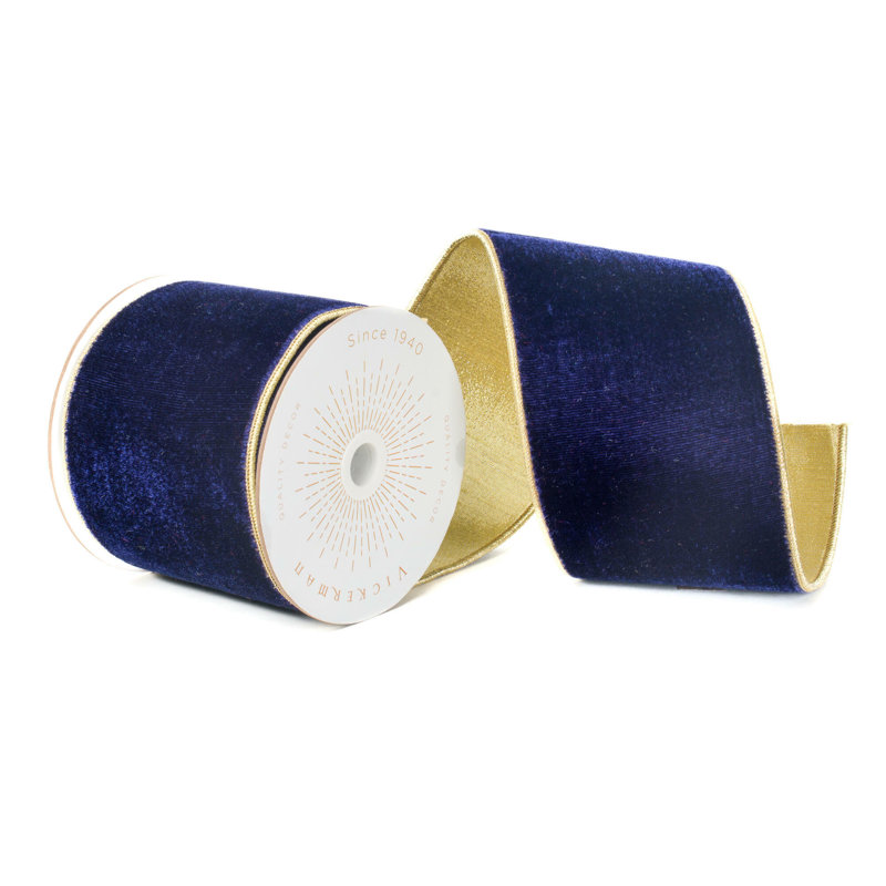 Velours 10 verges Vickerman avec bordure et envers dorés., Bleu marine, H 0,2 po x l 360 po x P 4 po