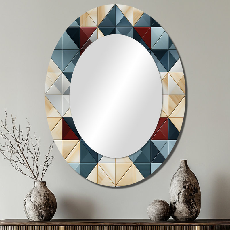 Blue And Grey Cubic Angularity - White Oval Wall Mirror Decor, 40" x 30"