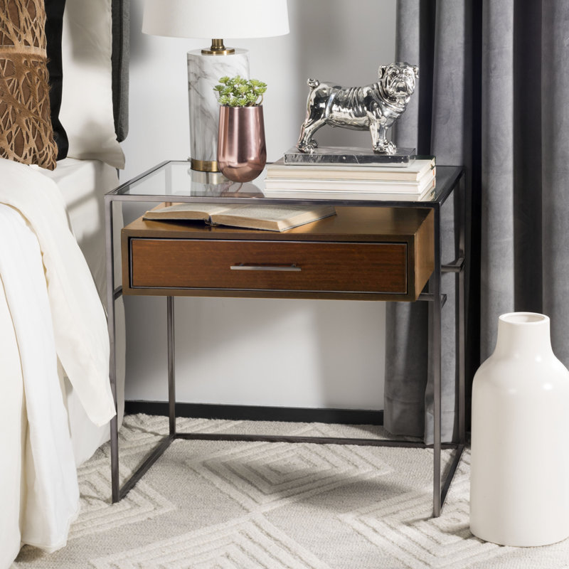 Glass End Table with Storage, Dark Brown/Black Nickel
