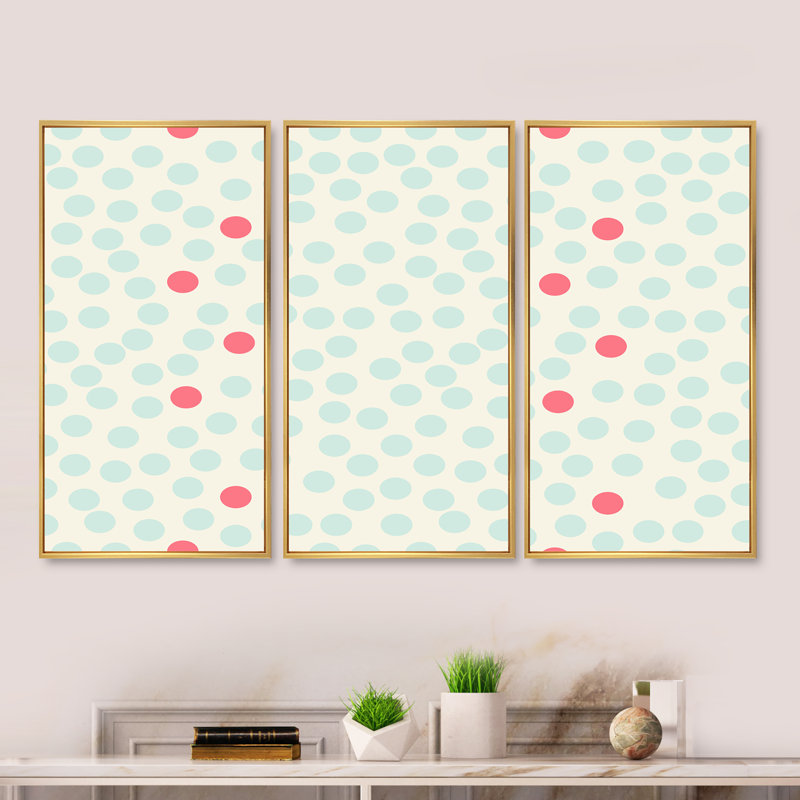 Pois avec rétro sur fond beige - ensemble d'art moderne sur toile encadrée moderne de 3, H 28 po x l 36 po x P 1 po, Or