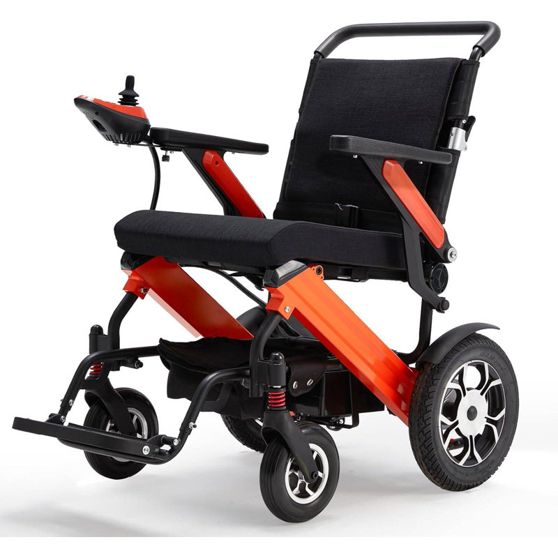 Lightweight Foldable Electric Wheelchair for Adults - Motorized Power Wheelchair with 500W Dual Motor, 15-Mile Range, and Storage Bag, Orange