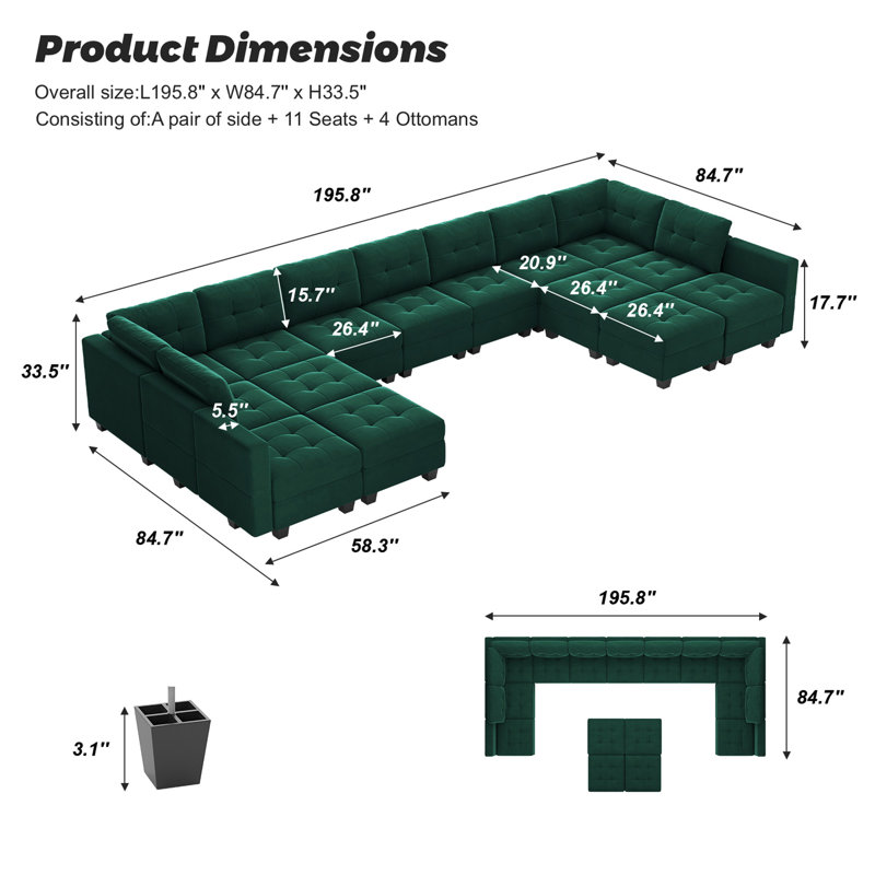 Canapé modulaire rembourré 16 pièces Soneson, Velours vert foncé