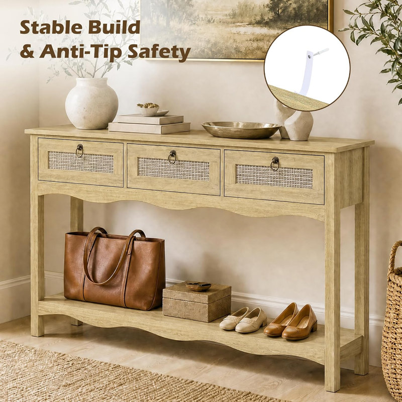 47.3" Rattan Console Table With 3 Drawers, Natural Wood