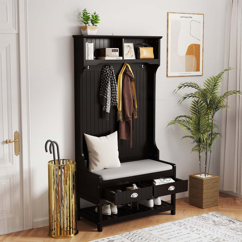 Versatile Hallway Storage Solution with Stylish Seat and Functional Shelves, Black