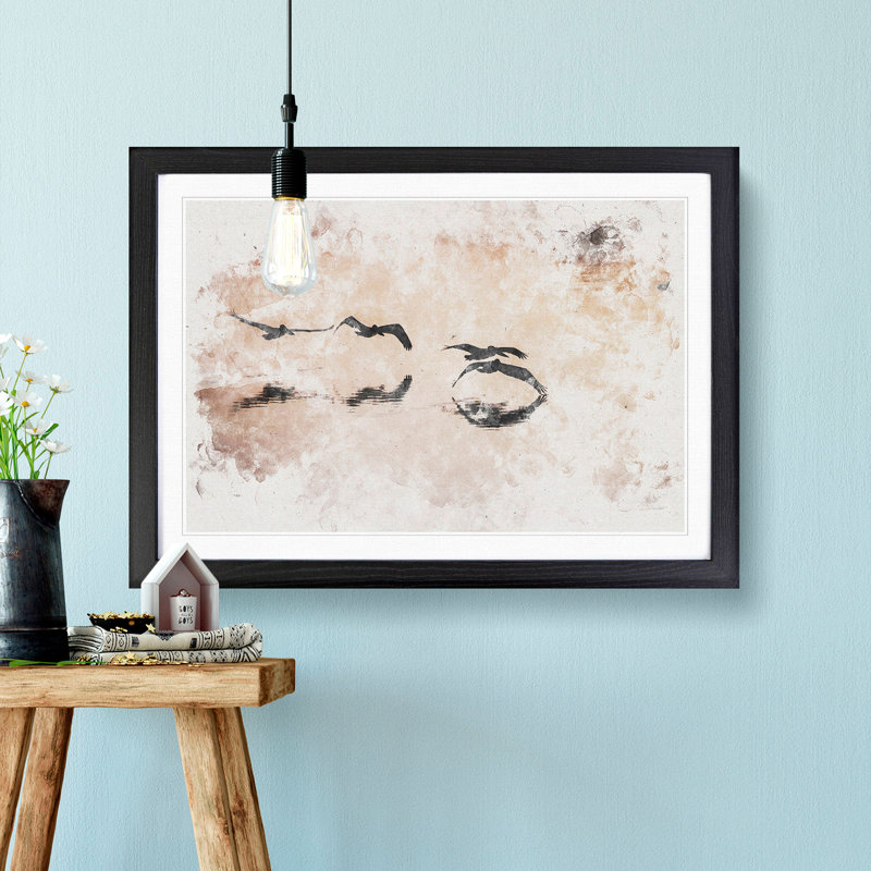 A Flock of Pelicans Watercolour - Picture Frame Graphic Art Print, 40cm H x 60cm W x 2cm D, Black Framed