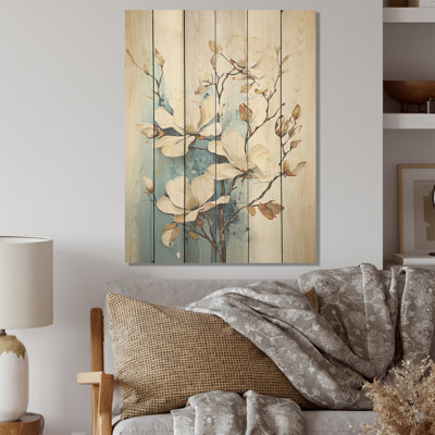 Élégante fleur de magnolia blanc et bleu I - Magnolias, art mural sur bois de pin naturel