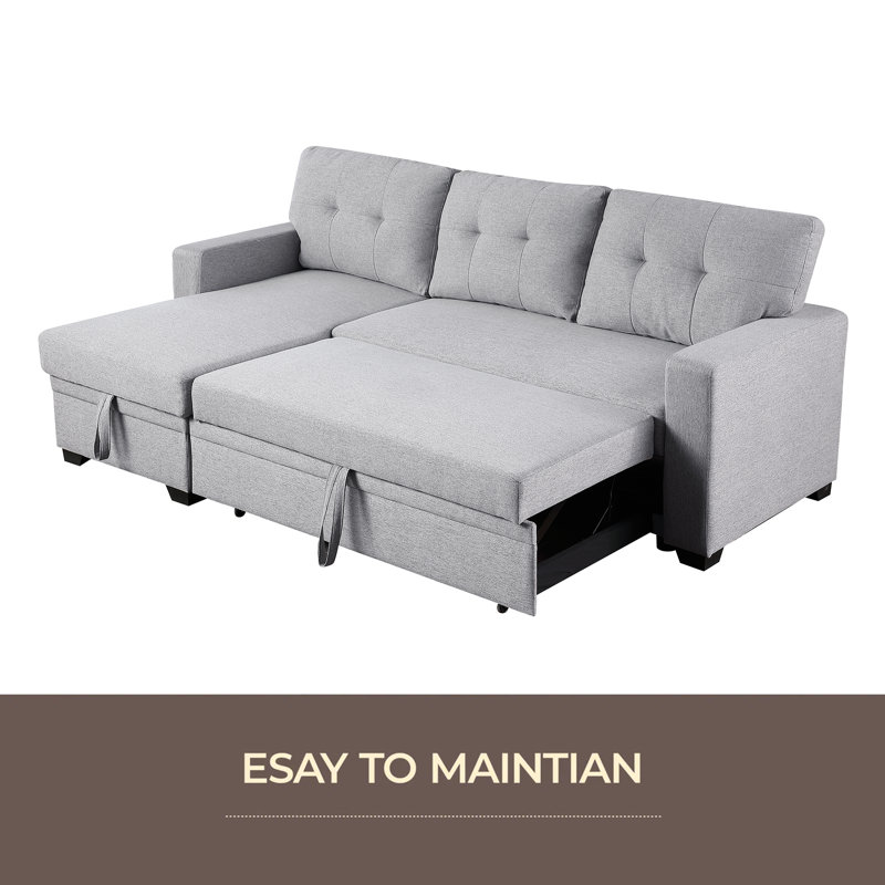 Upholstered Pull Out Sectional Sofa With Chaise, Light Grey Linen