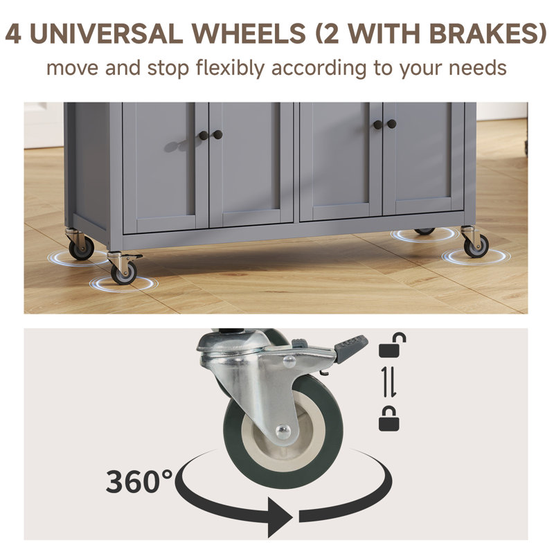 54.3 Inch Width Kitchen Island Cart with Solid Wood Top and Locking Wheels,4 Door Cabinet and Two Drawers, Gray