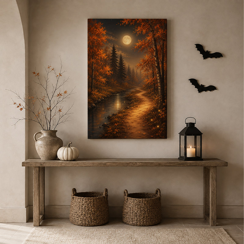 "Autumn Forest Path And Stream Under Full Moon", art mural sur toile, H 30 po x l 20 po