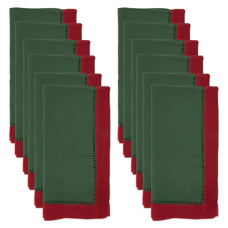 Jasper Green and Red Two-Tone Hemstitch Napkins, Set of 12