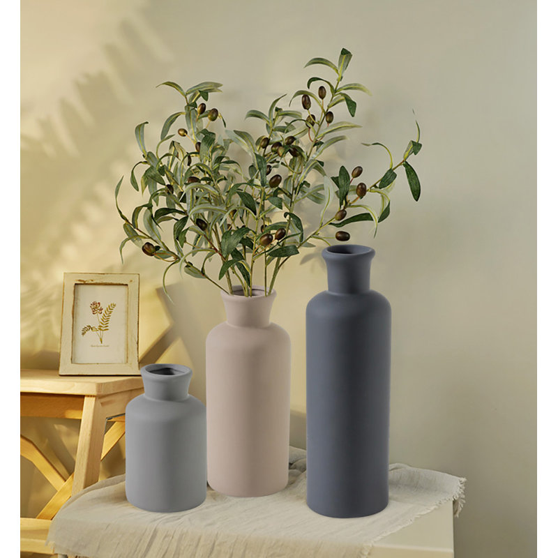 Ceramic Vase Set Of 3, Modern Farmhouse Vases For Home Decoration, Black/Green/Gray