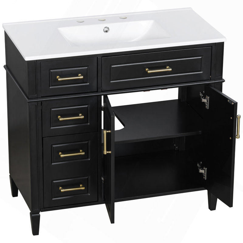 Meuble-lavabo de 36 pouces avec lavabo, meuble-lavabo simple noir à 4 tiroirs (1 tiroir rabattable), 2 portes et tablette réglable, armoire en bois de pin et en panneau de fibres à densité moyenne avec lavabo en céramique, charnières à fermeture en douceur