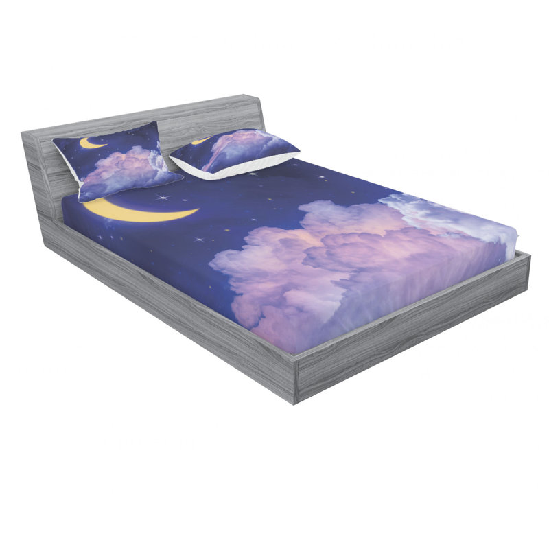 Ensemble de draps Flying Snowboarder sur la montagne avec ciel nuageux, Ensemble de drap pour grand lit avec drap-housse