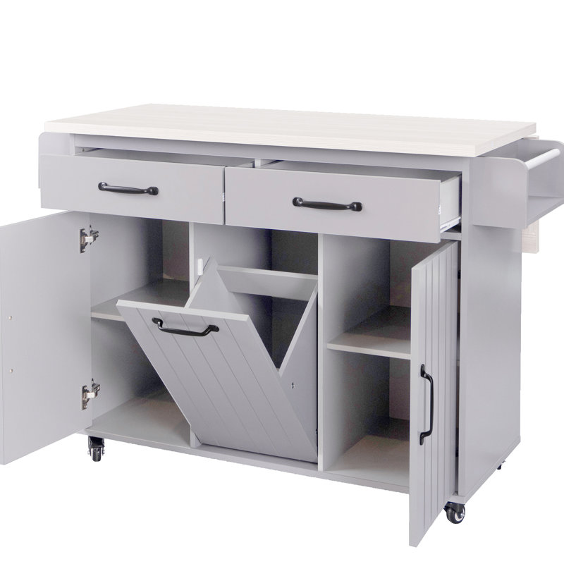Kitchen Island With Trash Can Holder, Drop Leaf, Spice Rack, Towel Adjustable Shelf, Grey Finish Luxury Featuring Bar, Shelves,