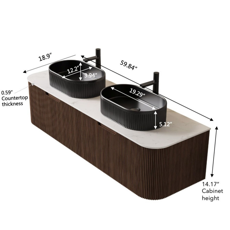 Meuble-lavabo de salle de bain mural avec tiroirs, pré-assemblé, 60", Noyer foncé