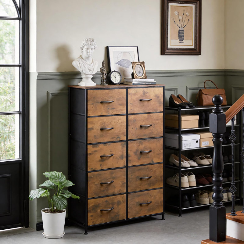 10 Drawer Dresser, 31.5×11.81×46.46 Inch Metal Frame, Tall Fabric Drawer Chest, Industrial Dresser for Living Room & Bedroom