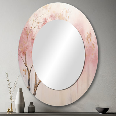 Minimalisme rose et forêt dorée II - grand miroir mural ovale sur métal