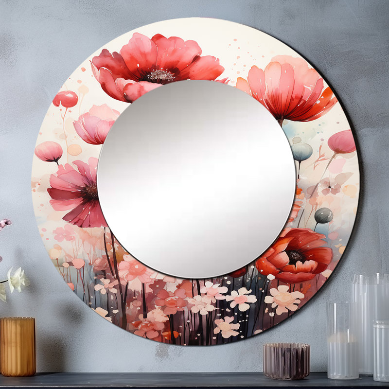 Senetra rouge crème pétales et beauté - miroir mural décoratif floral, miroir rond traditionnel, impression d'art en métal
