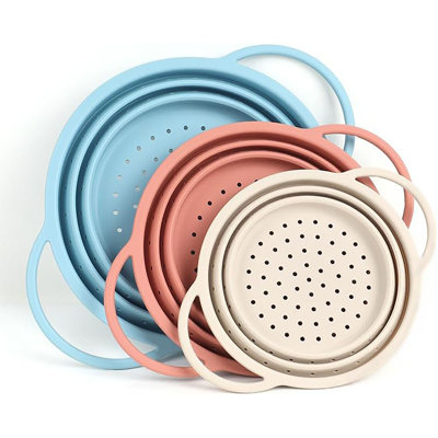 3 Pack Collapsible Platinum Silicone Colander Set with Stainless Steel Rim, Heat Resistant & Dishwasher Safe