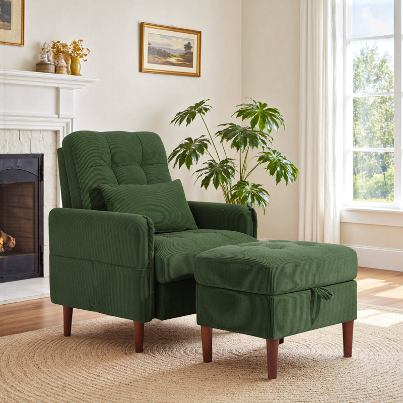 Upholstered Armchair with Footstool, Green