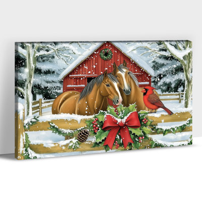 Grande Abiella - peinture de scène de grange rouge d'hiver avec chevaux, cardinal, verdure festive et arc des Fêtes, impressions sur toile pour œuvres d'art murales de ferme et décoration de Noël, 20 po x 30 po