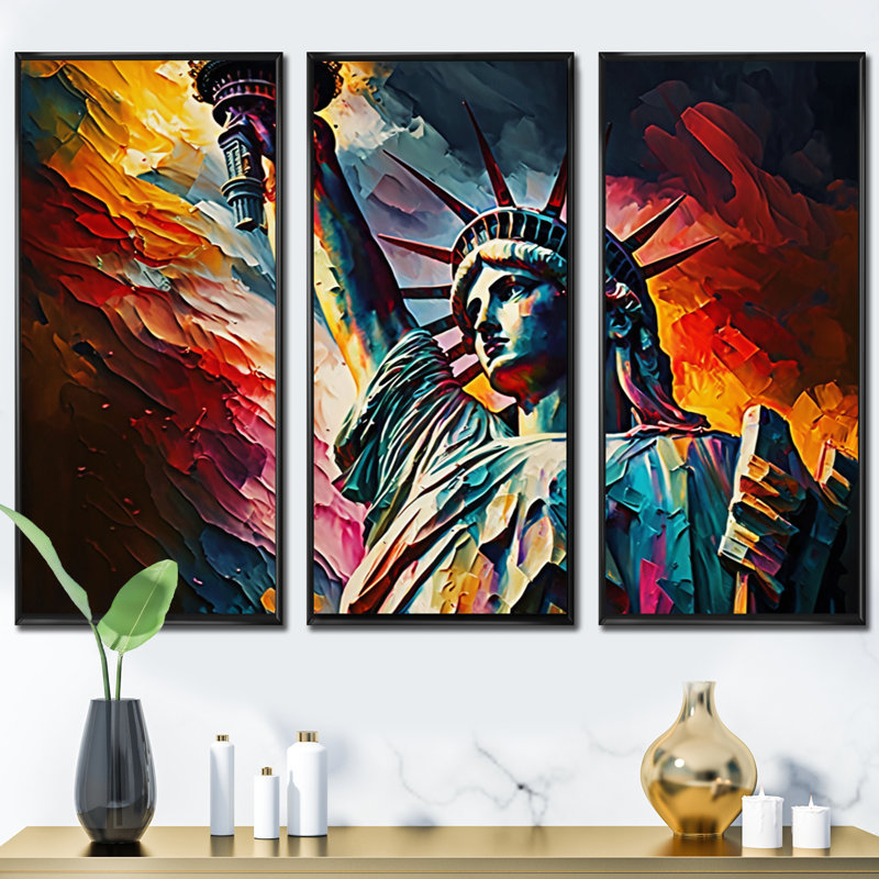 New York Views At Sunset II, reproduction sur toile 3 pièces, Cadre flottant noir, H 28 po x l 36 po x P 1 po
