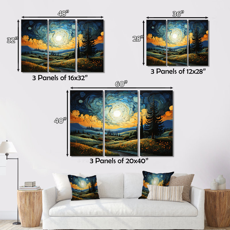 Vangogh, le cyprès oscillant III sur toile, 3 pièces, H 28 po x l 36 po x P 1 po