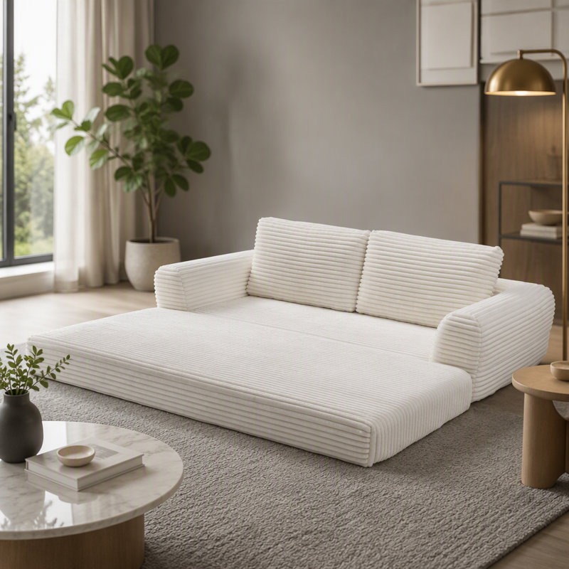 Canapé-lit pliant convertible 2-en-1 avec revêtement en velours côtelé et fonction de couchage coulissante pour les espaces de vie modernes.