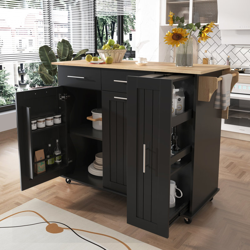 Mobile Kitchen Storage With Large Drop Leaf & 3 Tier Cabinet, Black Island Rubber Wood Countertop, Black