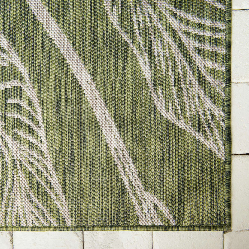 Tapis intérieur / extérieur à motif floral vert / gris Zenon, Rectangulaire 7 pi 10 po x 11 pi 4 po