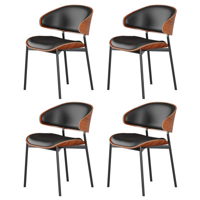 Set of 4 Mid-Century Dining Chairs, Faux Leather Upholstered with Walnut Back & Metal Legs