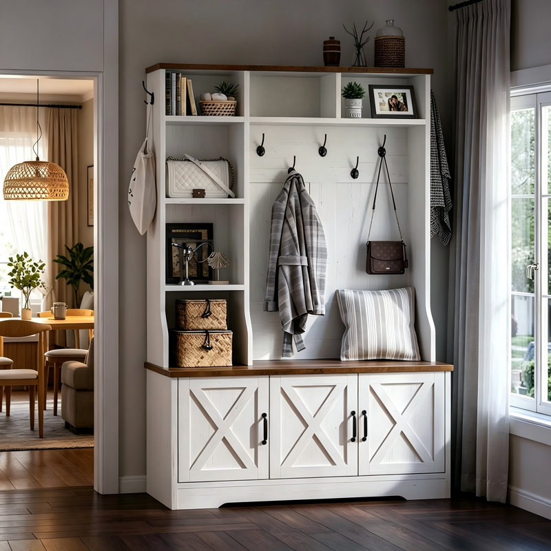 Farmhouse Entrance Porch Bench, Integrated Coat Rack LED Lights, Multi Hook Storage Compartments, Adjustable Shelves