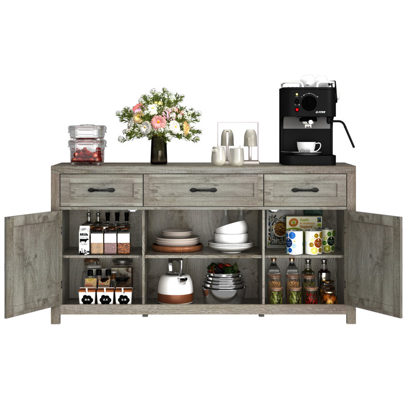 57.9" Sideboard With 3 Drawers, Adjustable Shelf, Gray