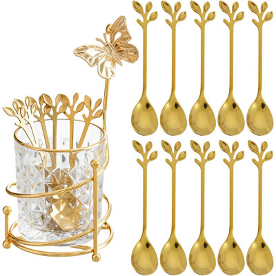 10PCS Coffee Dessert Spoons Set With Glass Holder,Small Stainless Steel Gold Leaf Tea Spoon, Mini Dessert Spoons Set For Fruit,Stirring, Mixing, Sugar, Ice Cream, Cake