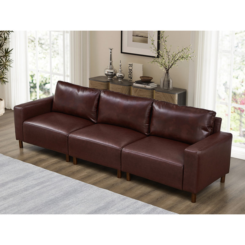 112'' Wide Faux Leather Square Arm Sofa, Burgundy